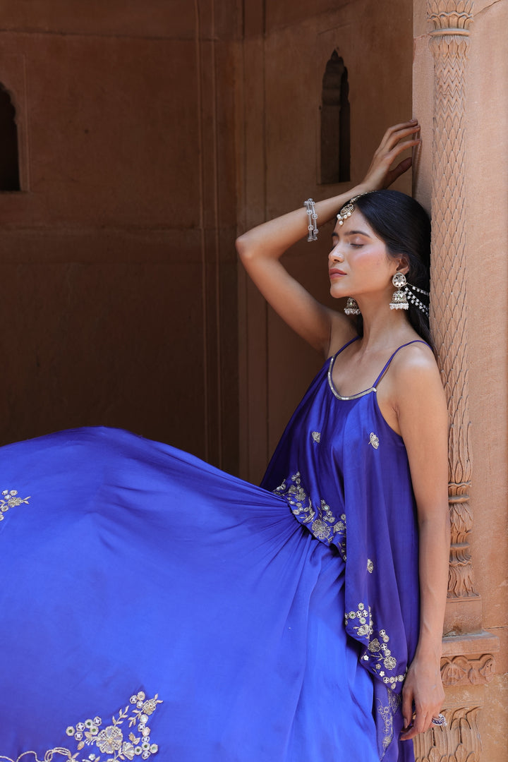 Royal Blue Mirror-Work Lehenga with an assymetrical Top