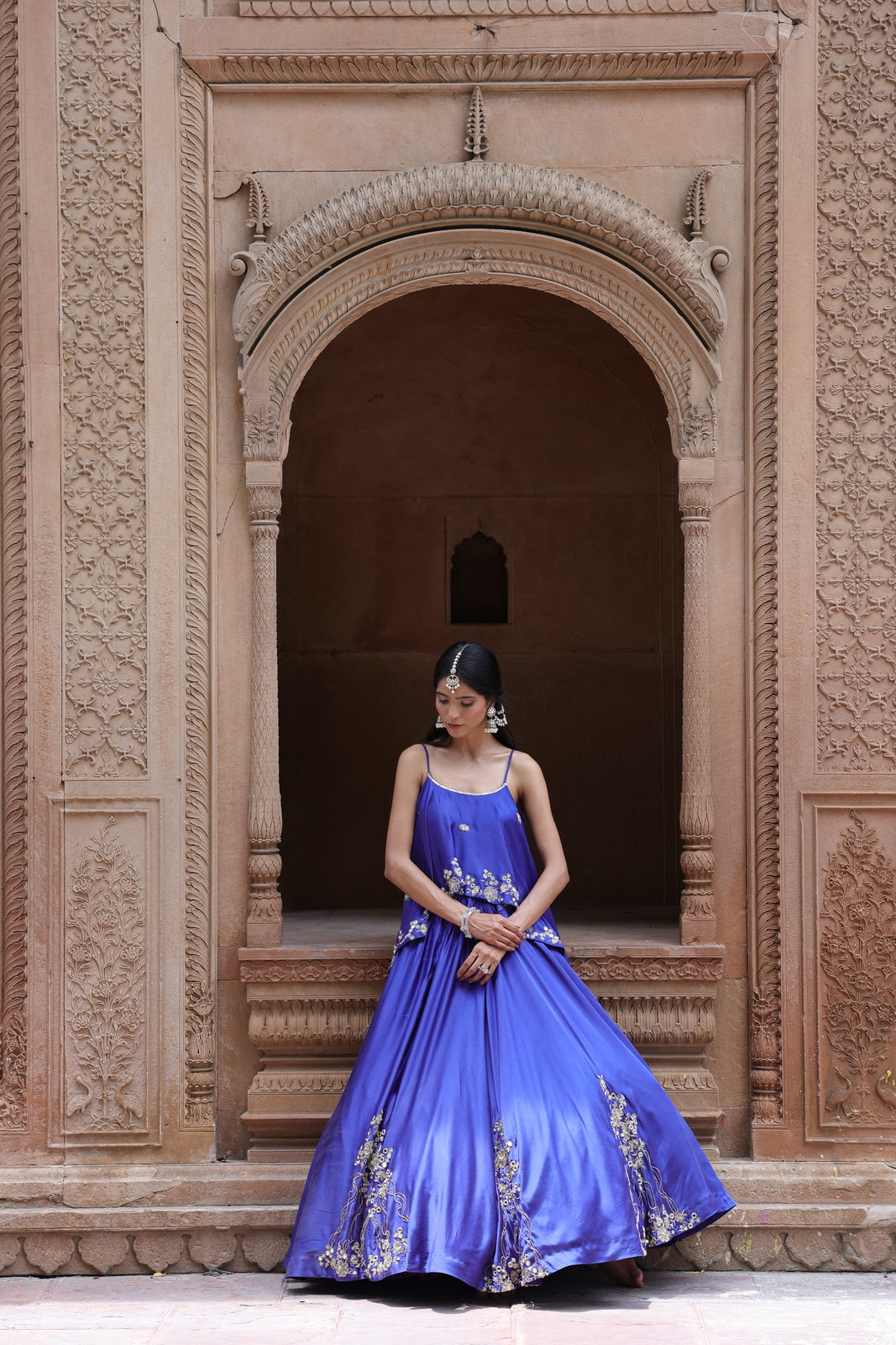Royal Blue Mirror-Work Lehenga with an assymetrical Top