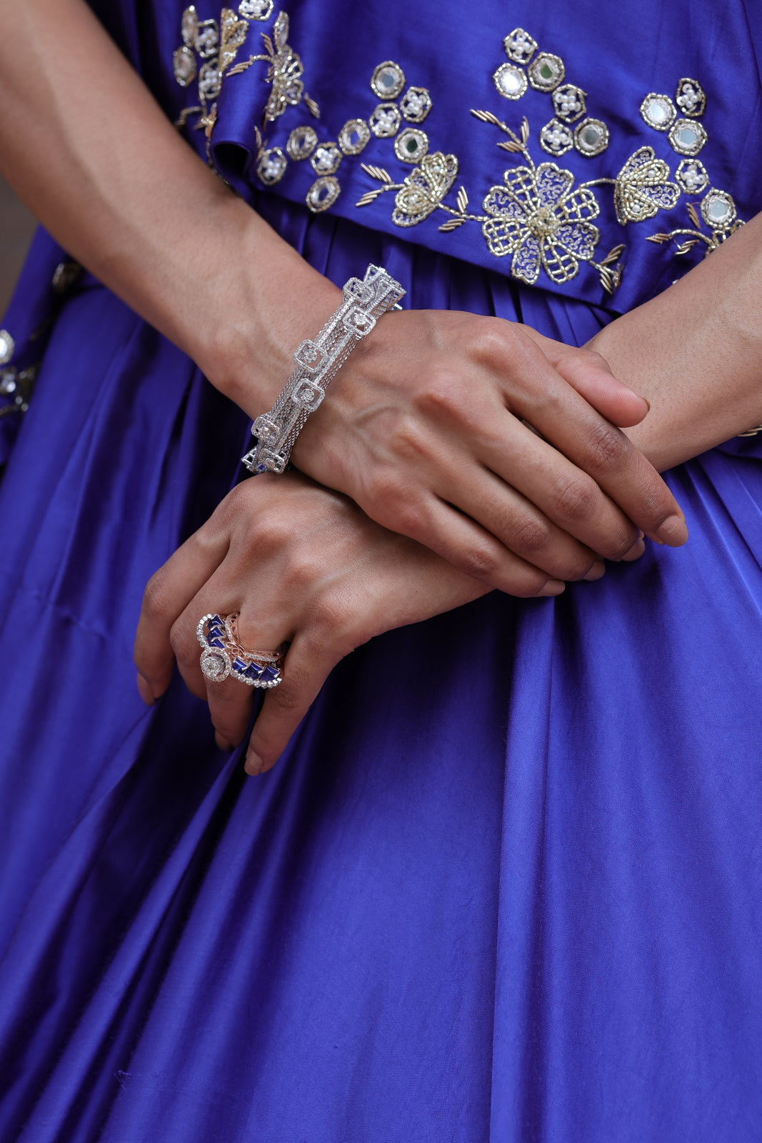 Royal Blue Mirror-Work Lehenga with an assymetrical Top