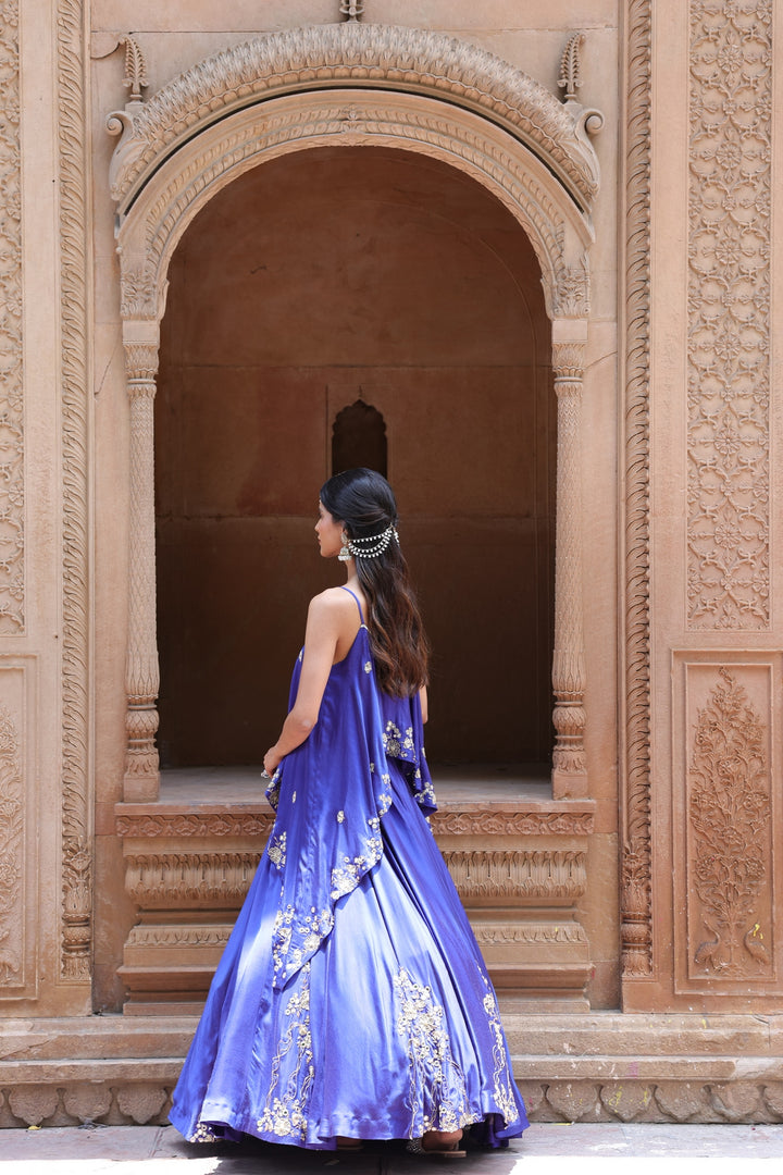 Royal Blue Mirror-Work Lehenga with an assymetrical Top