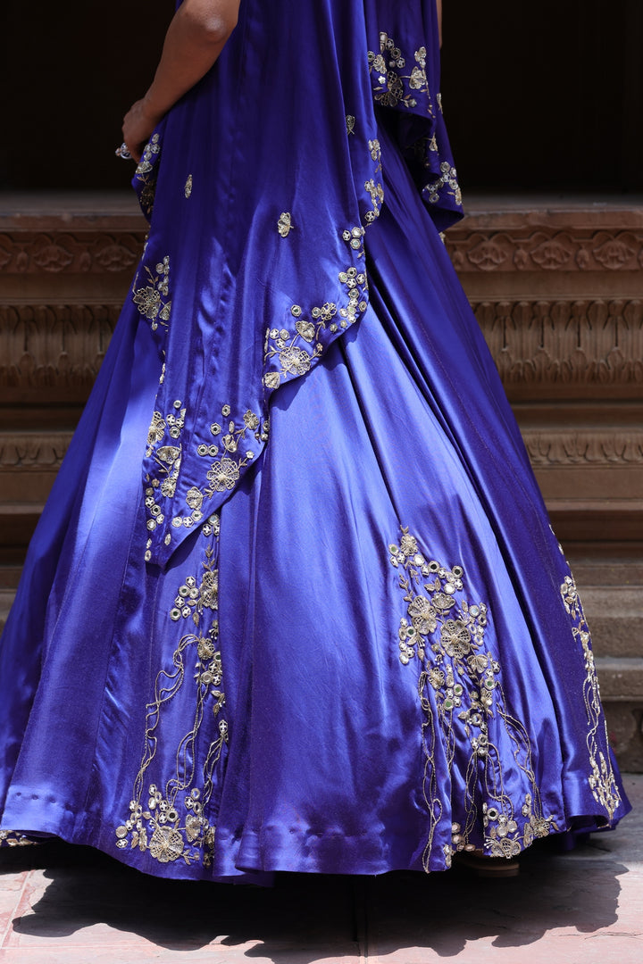 Royal Blue Mirror-Work Lehenga with an assymetrical Top