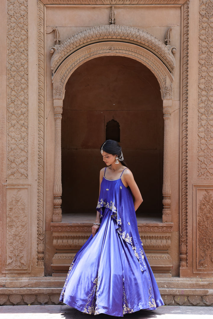 Royal Blue Mirror-Work Lehenga with an assymetrical Top