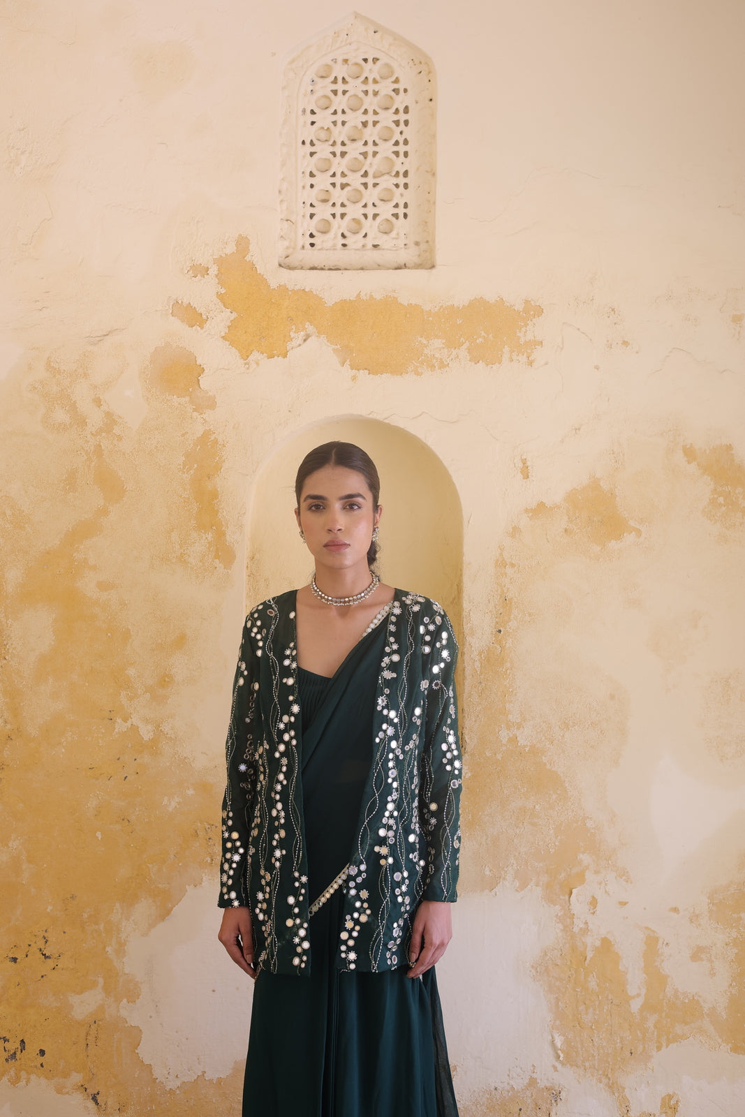 Emerald Sequined Statement Jacket & Saree Set