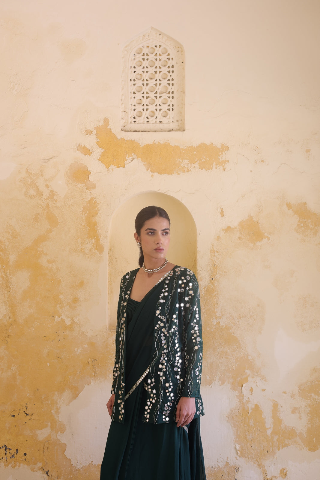 Emerald Sequined Statement Jacket & Saree Set