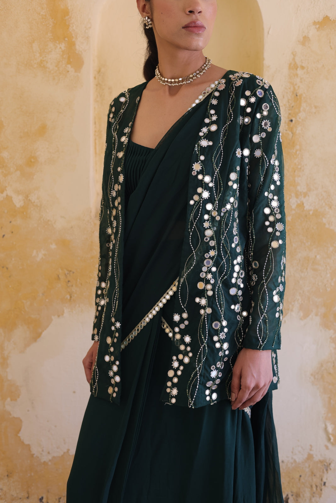 Emerald Sequined Statement Jacket & Saree Set
