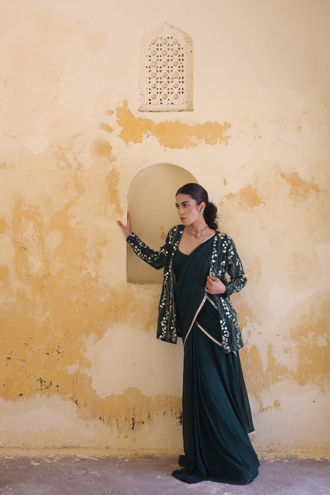 Emerald Sequined Statement Jacket & Saree Set