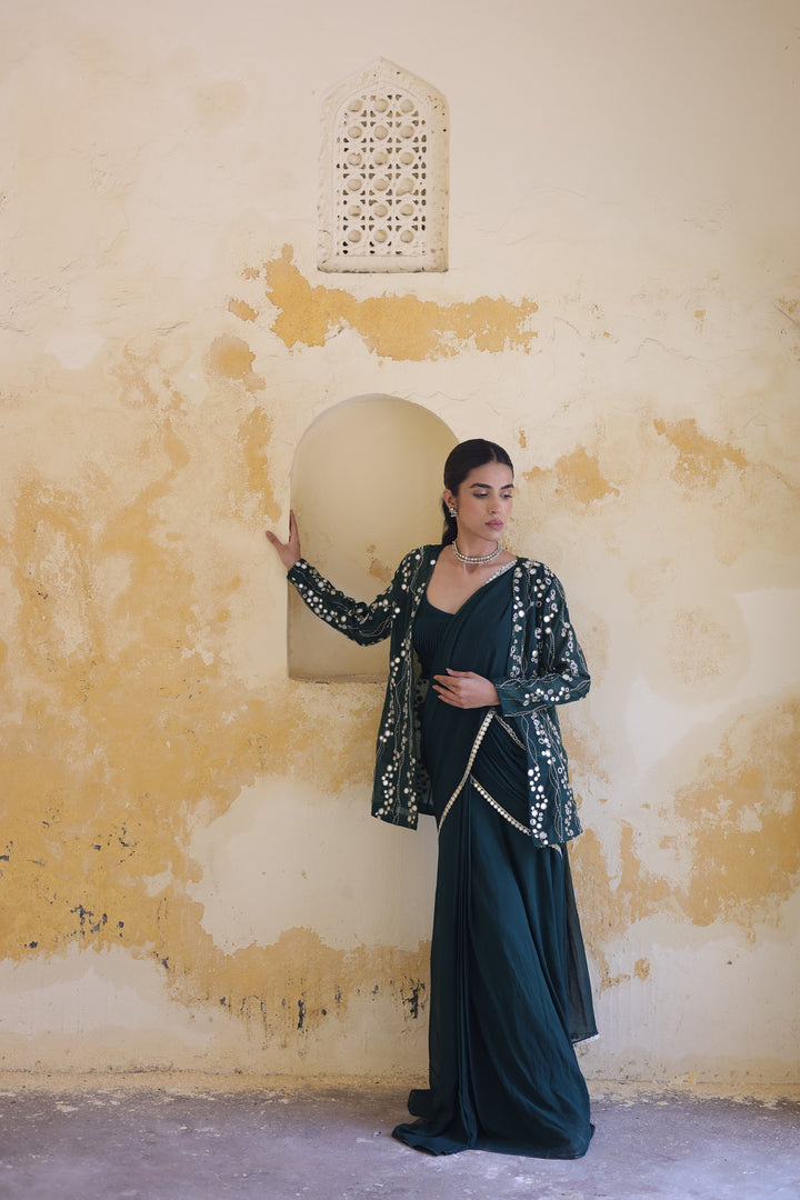 Emerald Sequined Statement Jacket & Saree Set