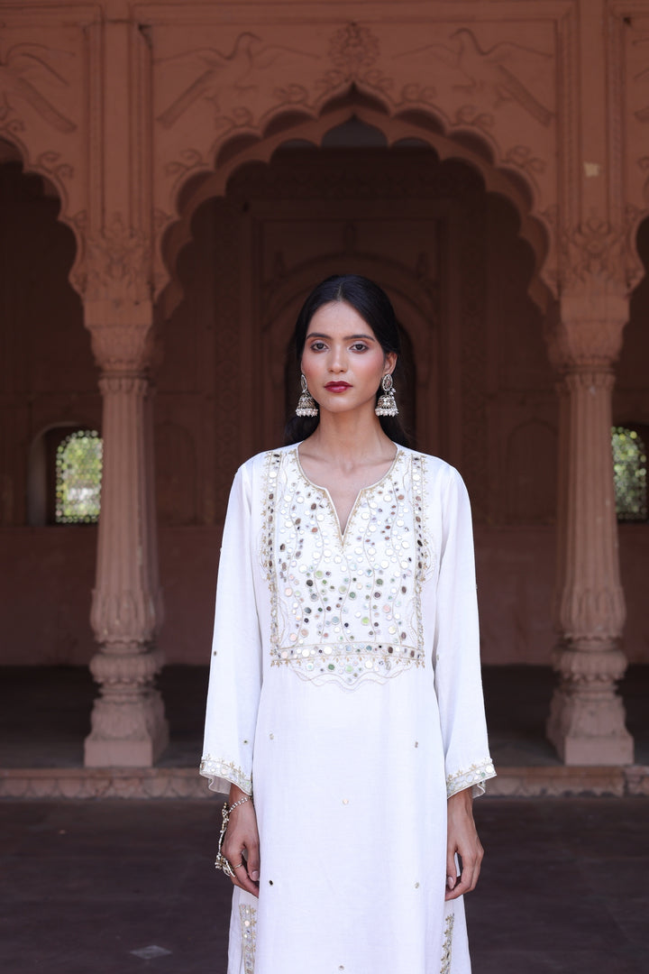 Prestine White Pearl & Mirror Embellished Kurta Set