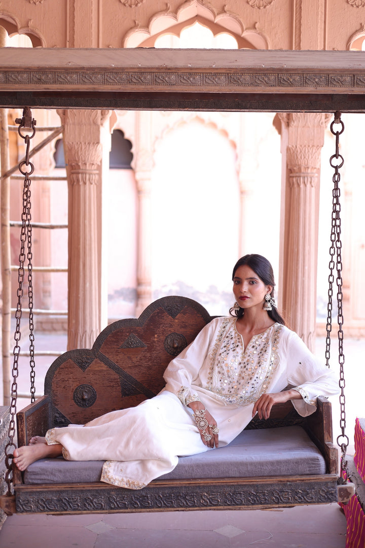 Prestine White Pearl & Mirror Embellished Kurta Set