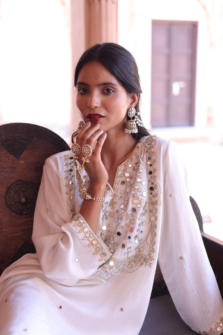 Prestine White Pearl & Mirror Embellished Kurta Set