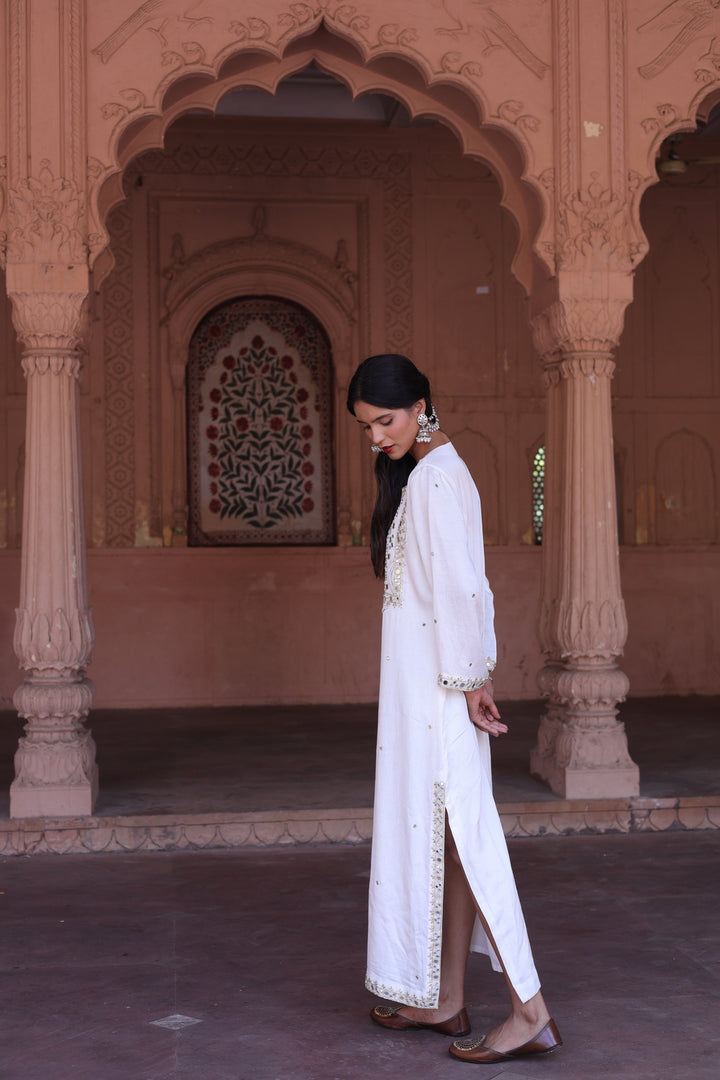 Prestine White Pearl & Mirror Embellished Kurta Set
