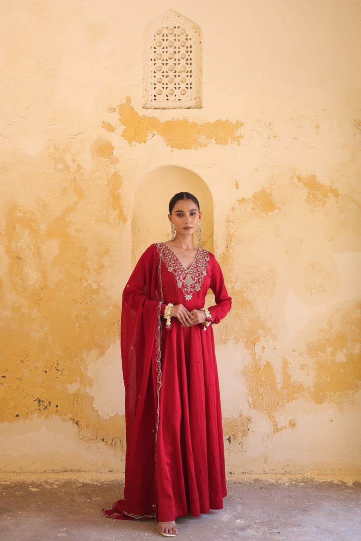 Crimson Majestic Embroidered Floor-Length Anarkali
