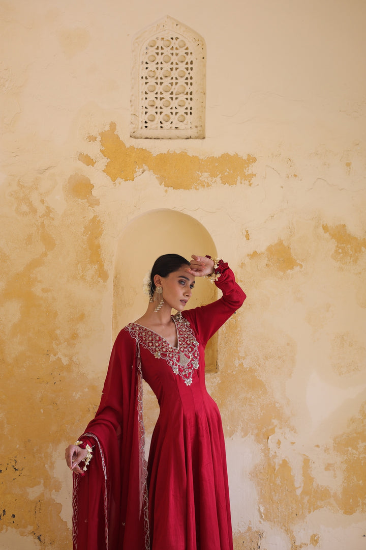 Crimson Majestic Embroidered Floor-Length Anarkali