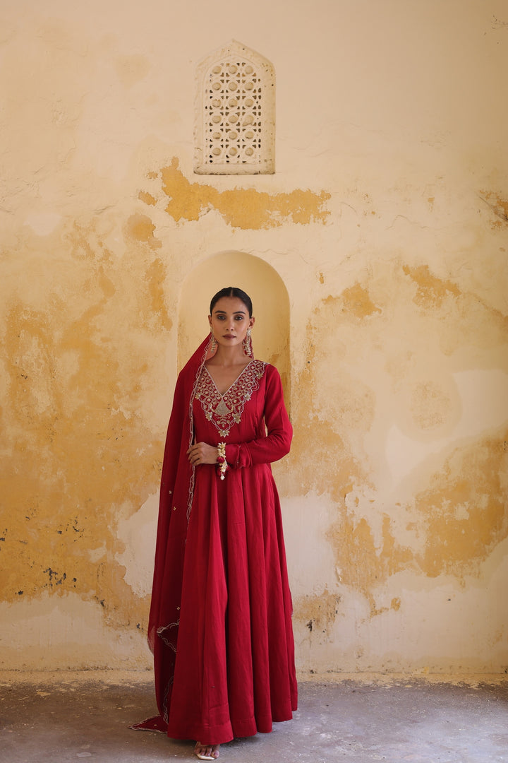 Crimson Majestic Embroidered Floor-Length Anarkali