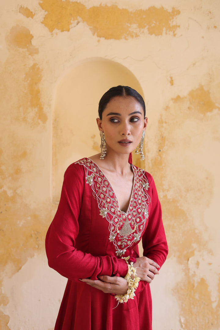 Crimson Majestic Embroidered Floor-Length Anarkali