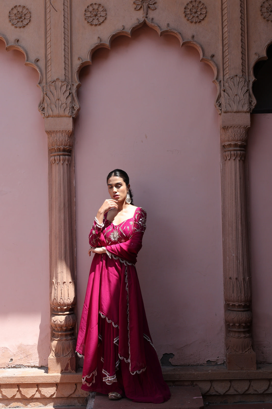 Blushing Mirror-Work Anarkali Kurta & Palazzo Set