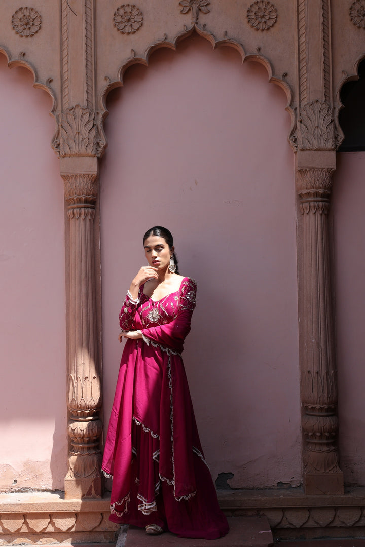 Blushing Mirror-Work Anarkali Kurta & Palazzo Set