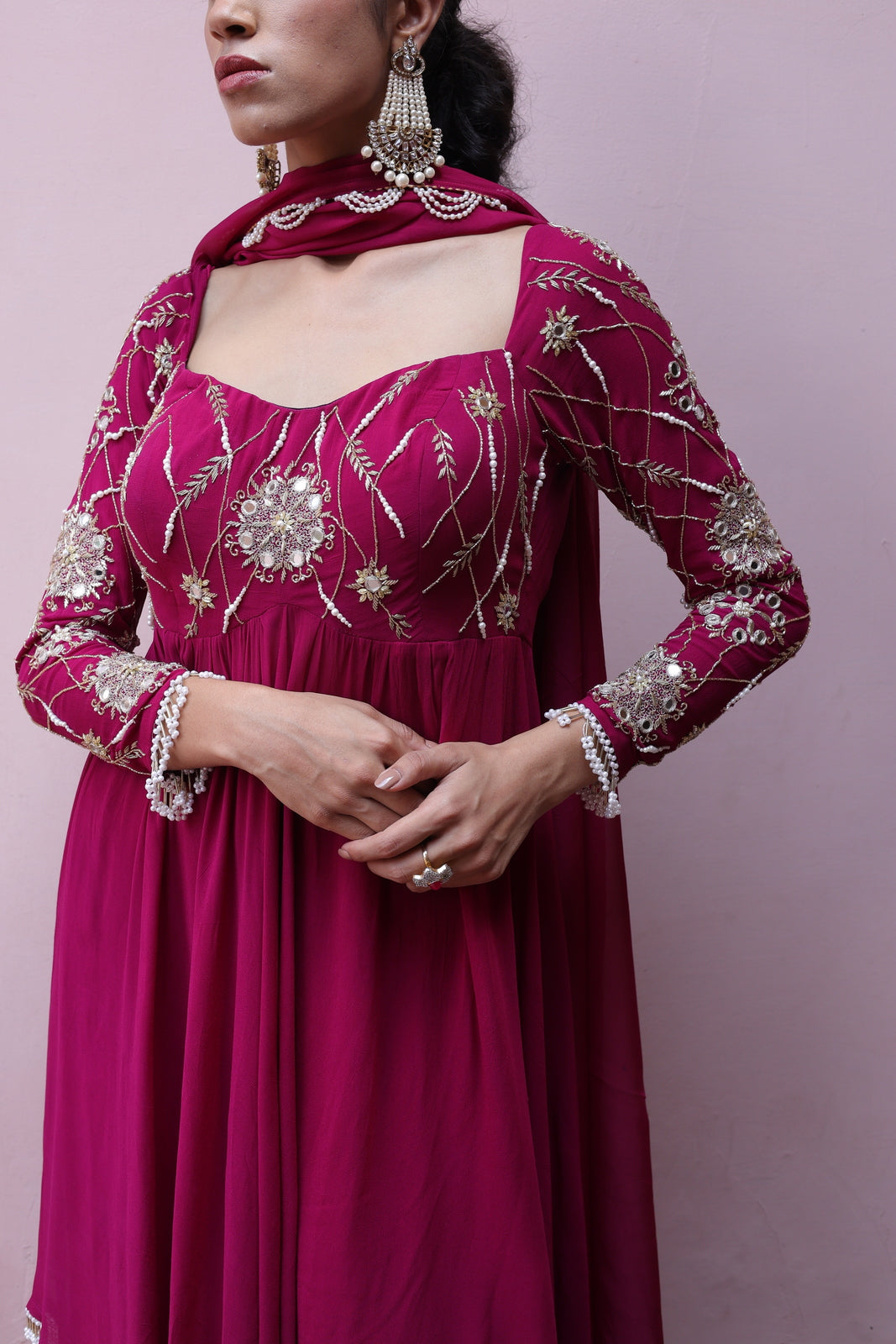 Blushing Mirror-Work Anarkali Kurta & Palazzo Set