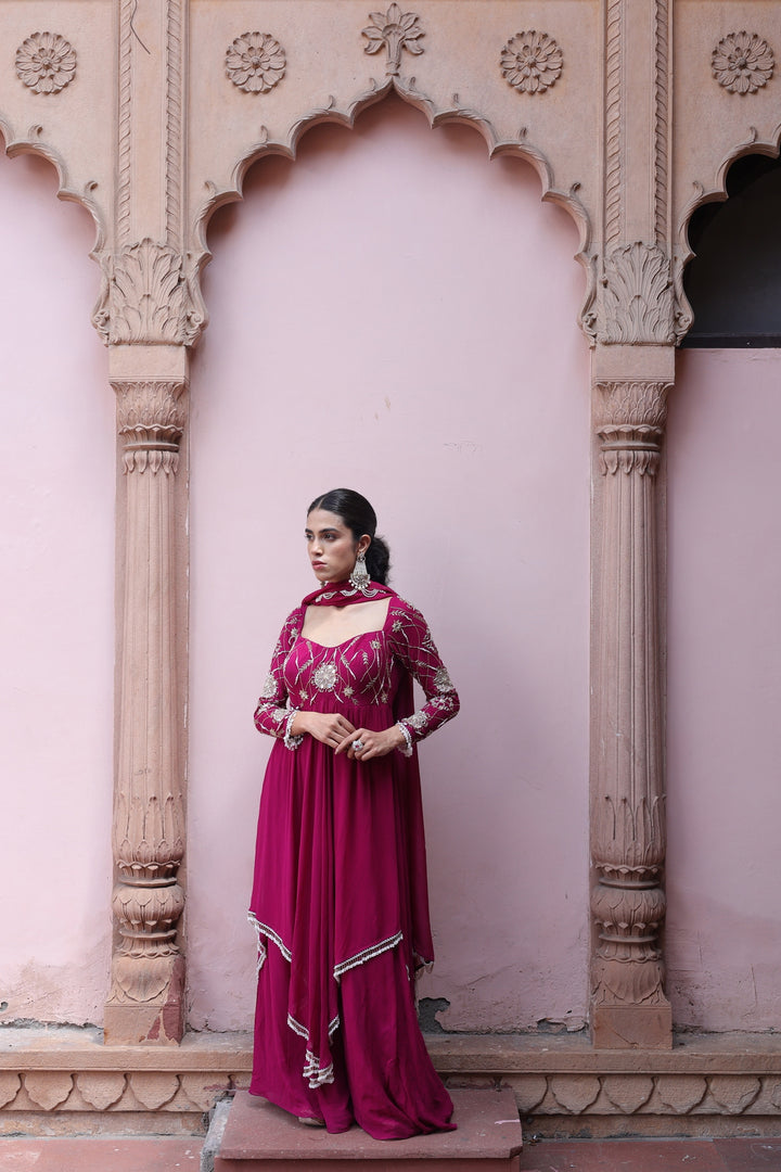 Blushing Mirror-Work Anarkali Kurta & Palazzo Set