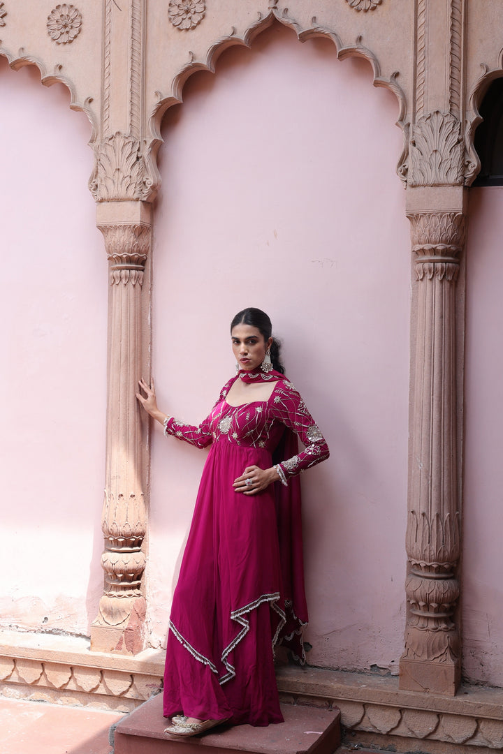 Blushing Mirror-Work Anarkali Kurta & Palazzo Set