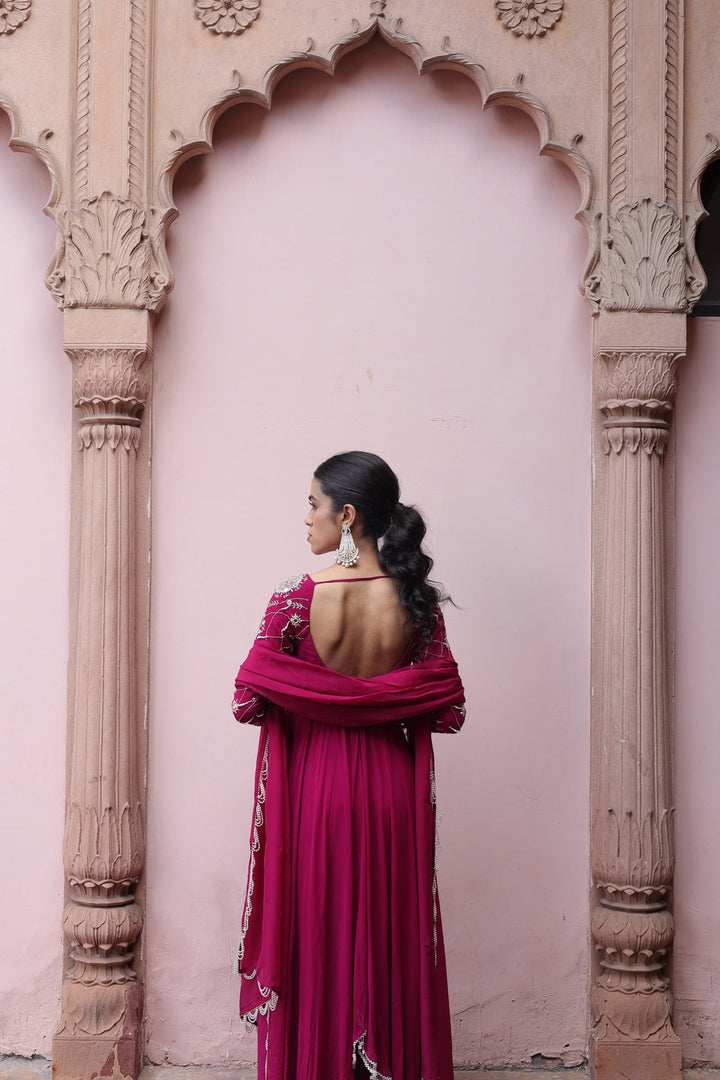 Blushing Mirror-Work Anarkali Kurta & Palazzo Set