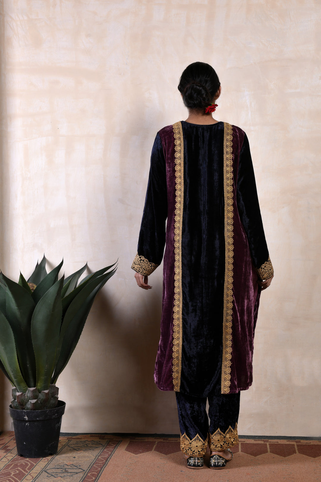 Black & Deep Purple Velvet Kurta Set with Straight Pants