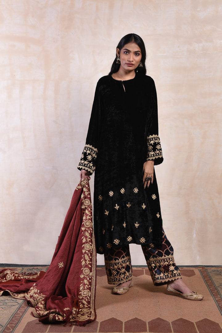 Black Velvet Kurta Set with Straight Pants