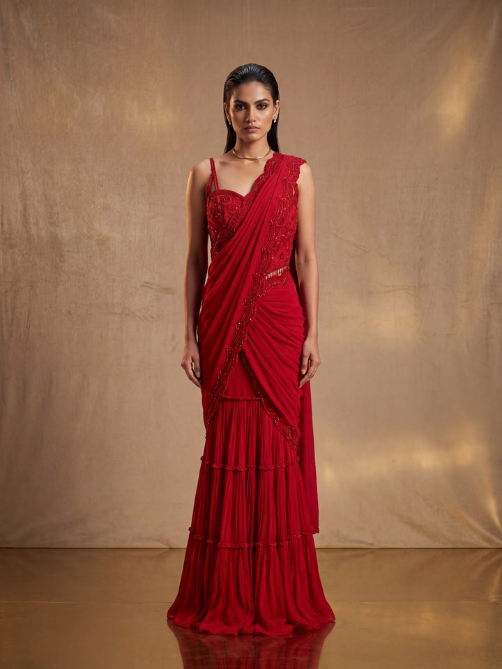 Red Tone-on-Tone Hand Embroidered Sequin & Bead gharara Set