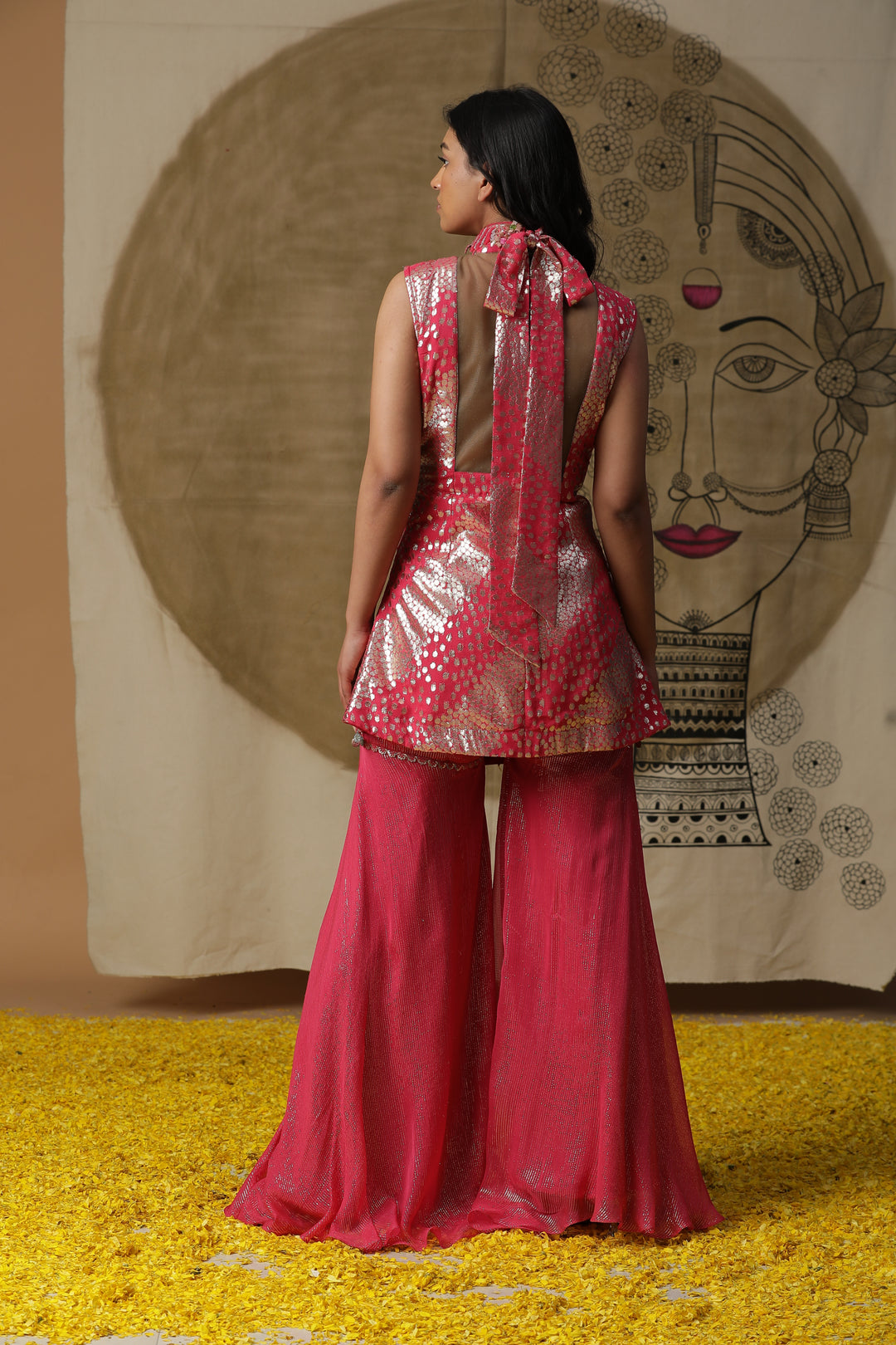 Fuchsia Pink Embellished Kurta with Flared Pants Set