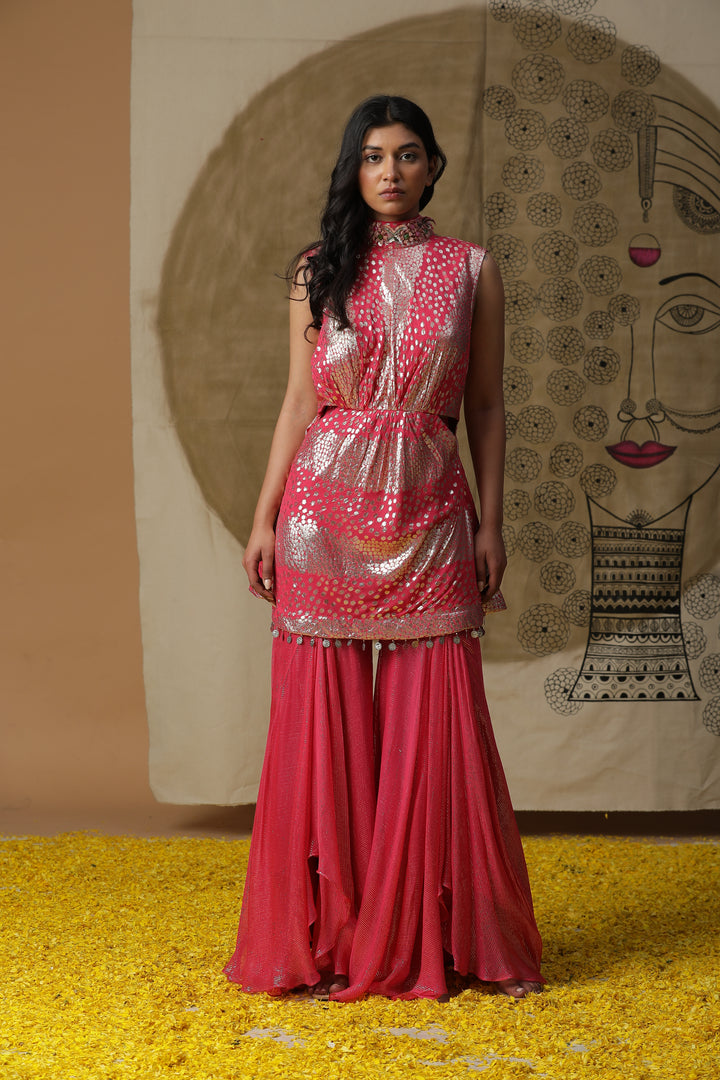 Fuchsia Pink Embellished Kurta with Flared Pants Set