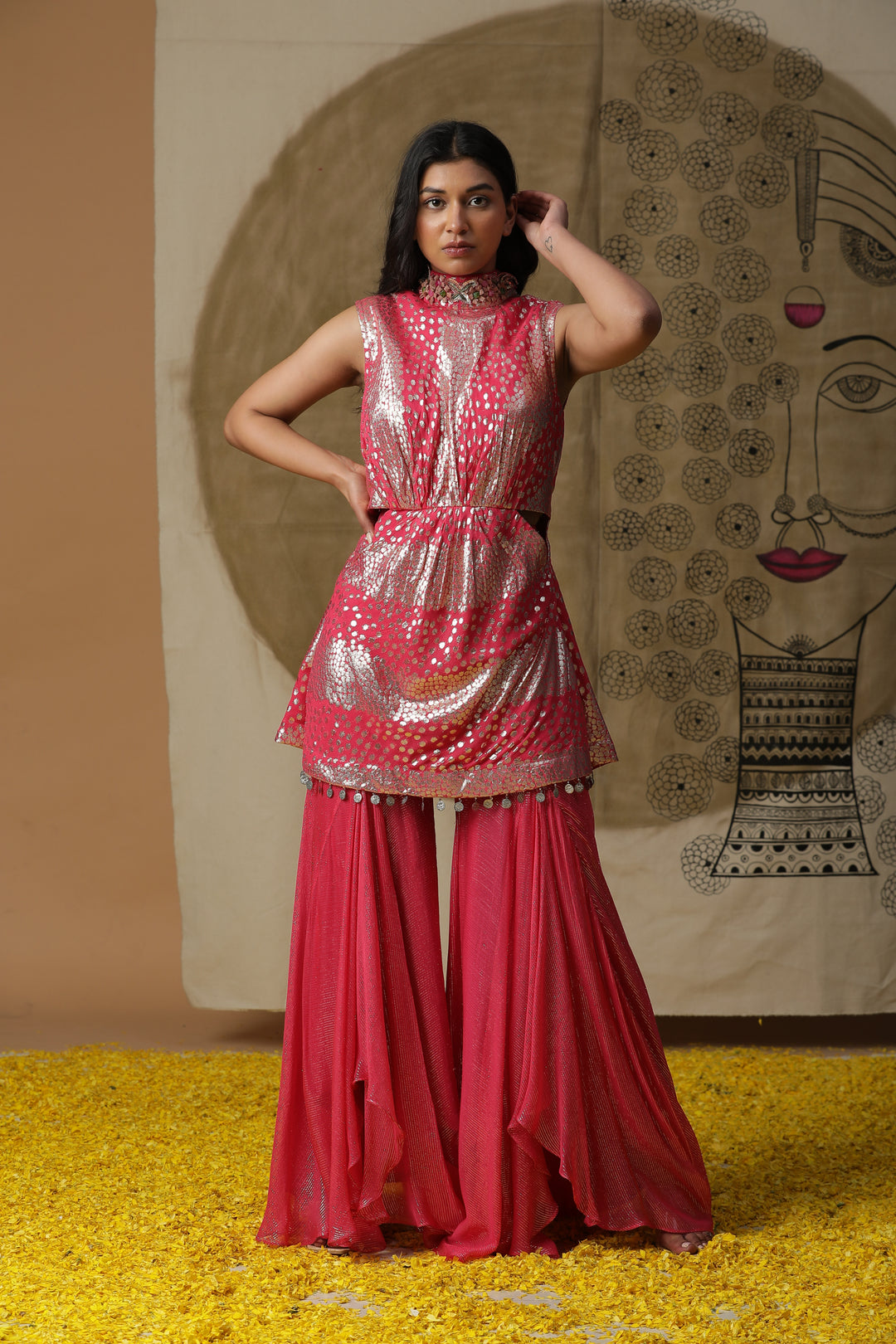 Fuchsia Pink Embellished Kurta with Flared Pants Set