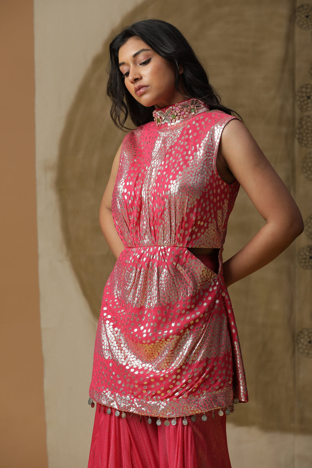 Fuchsia Pink Embellished Kurta with Flared Pants Set