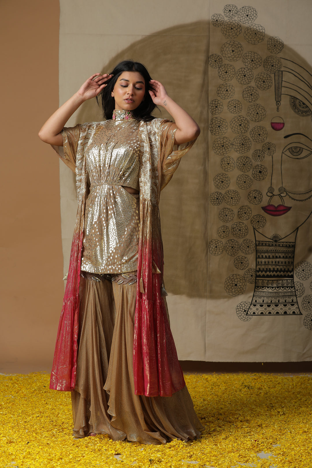 Beige Embroidered Kurta with Flared Pants