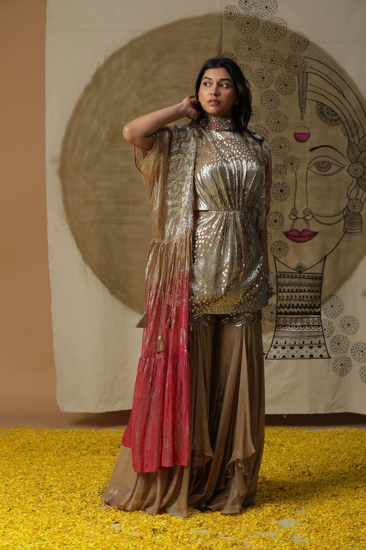 Beige Embroidered Kurta with Flared Pants