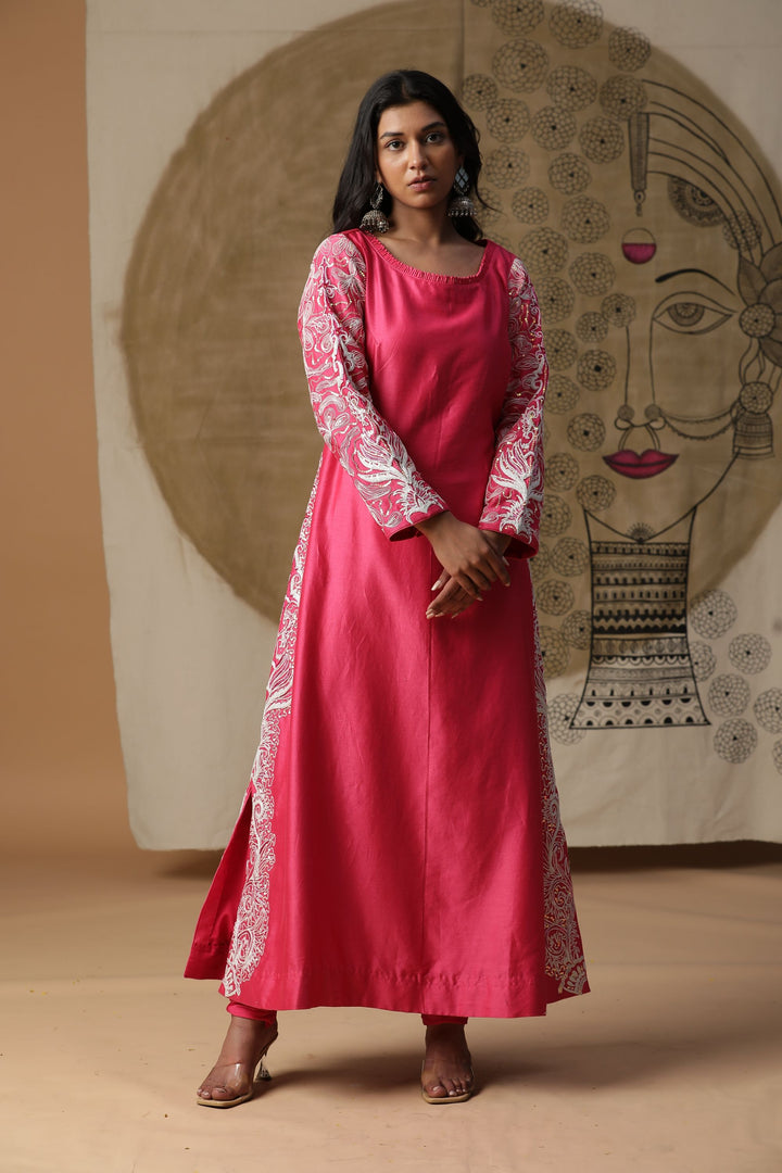 Pink Embroidered A-line Style Angrakha Kurta Set