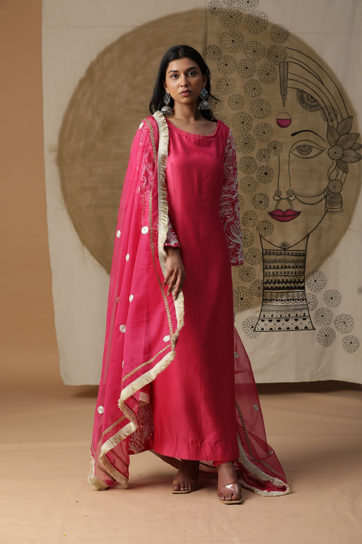 Pink Embroidered A-line Style Angrakha Kurta Set