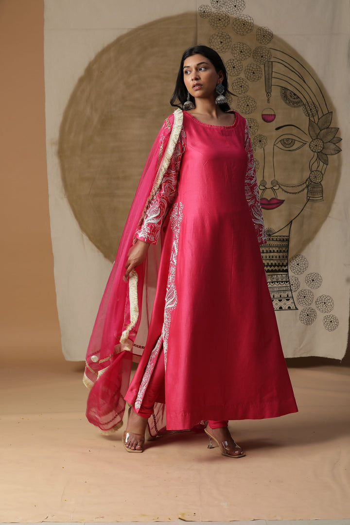 Pink Embroidered A-line Style Angrakha Kurta Set