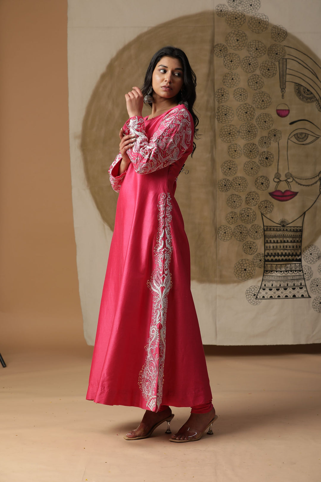 Pink Embroidered A-line Style Angrakha Kurta Set