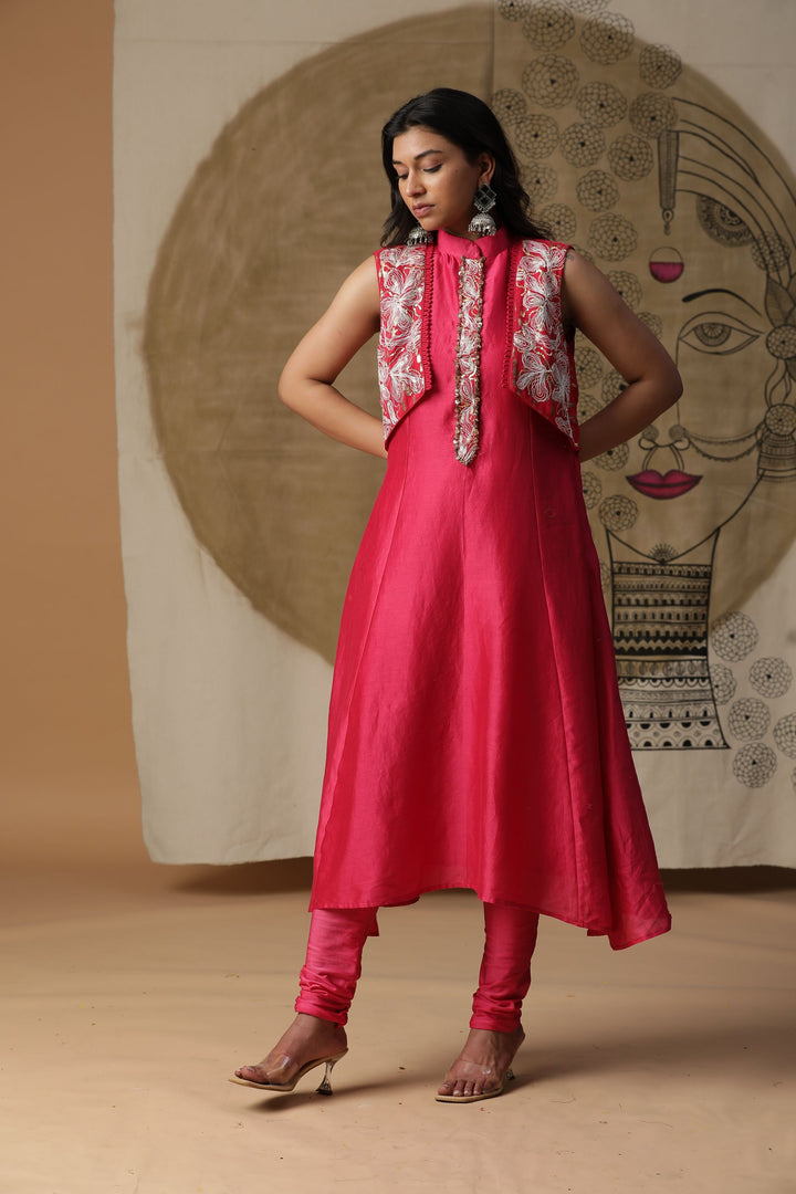 Pink A-line Kurta Set with Attached Cape