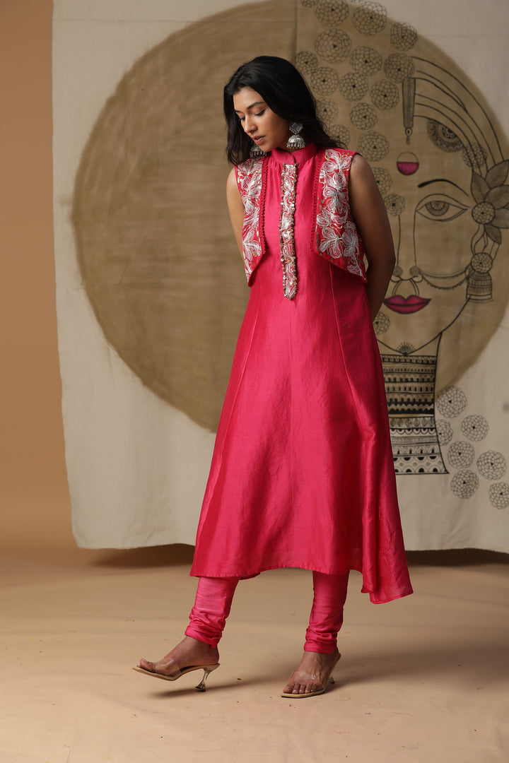 Pink A-line Kurta Set with Attached Cape