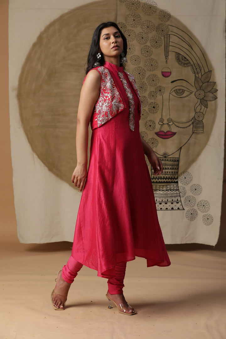 Pink A-line Kurta Set with Attached Cape