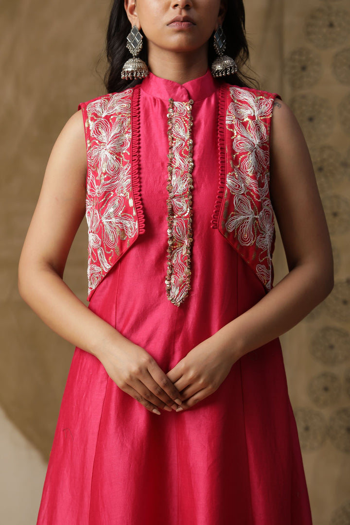 Pink A-line Kurta Set with Attached Cape