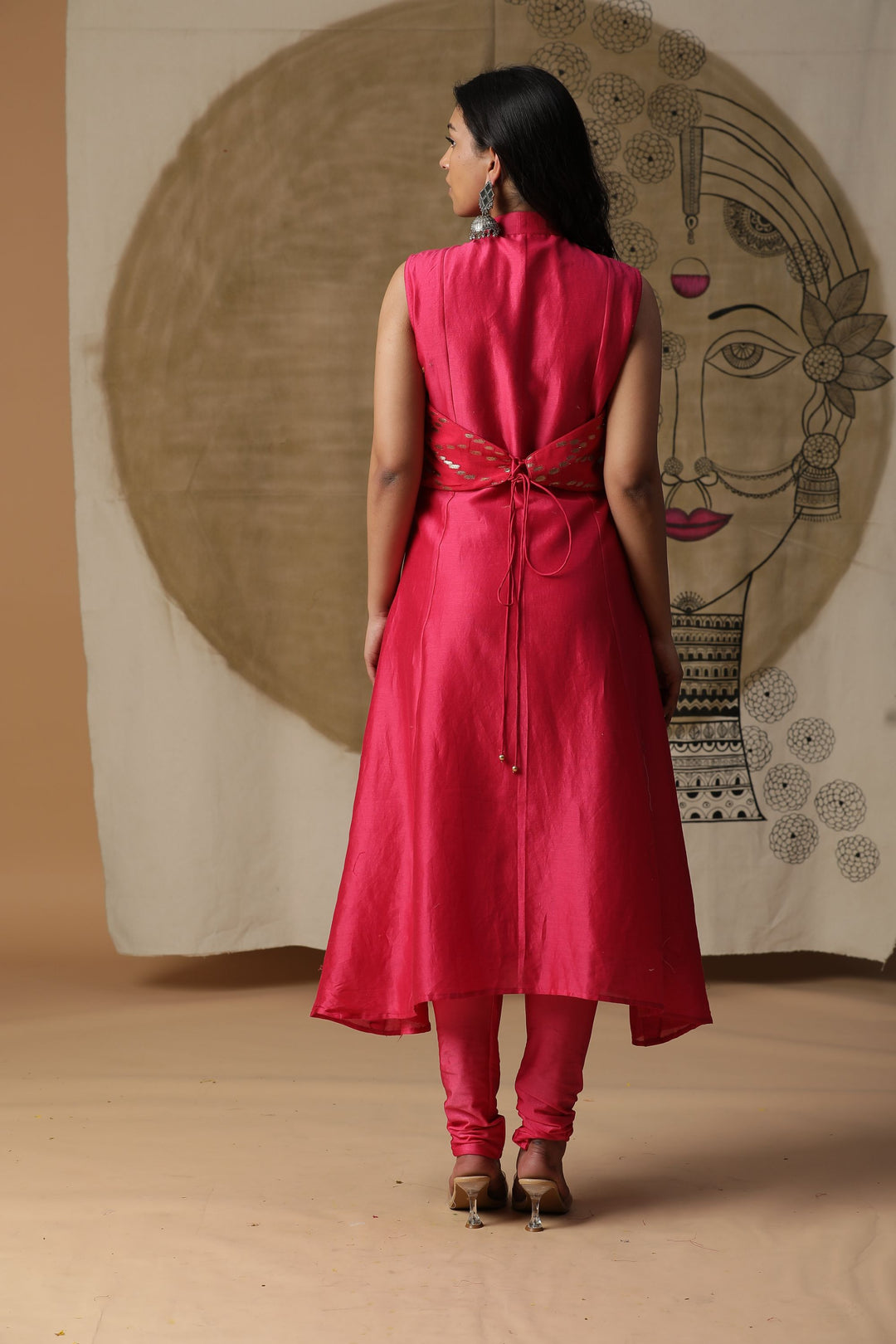 Pink A-line Kurta Set with Attached Cape