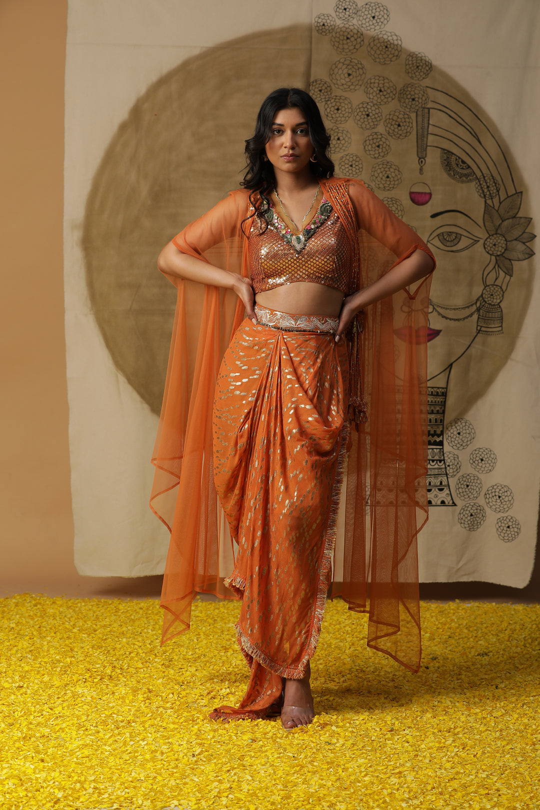 Orange Embroidered Cape with Draped Skirt