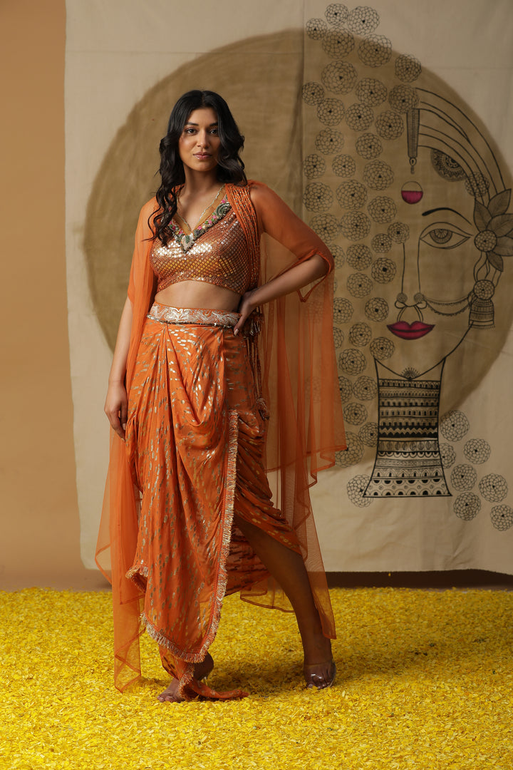 Orange Embroidered Cape with Draped Skirt