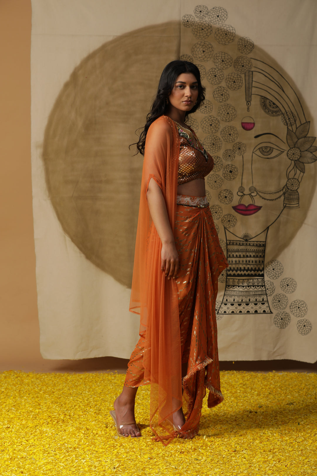 Orange Embroidered Cape with Draped Skirt