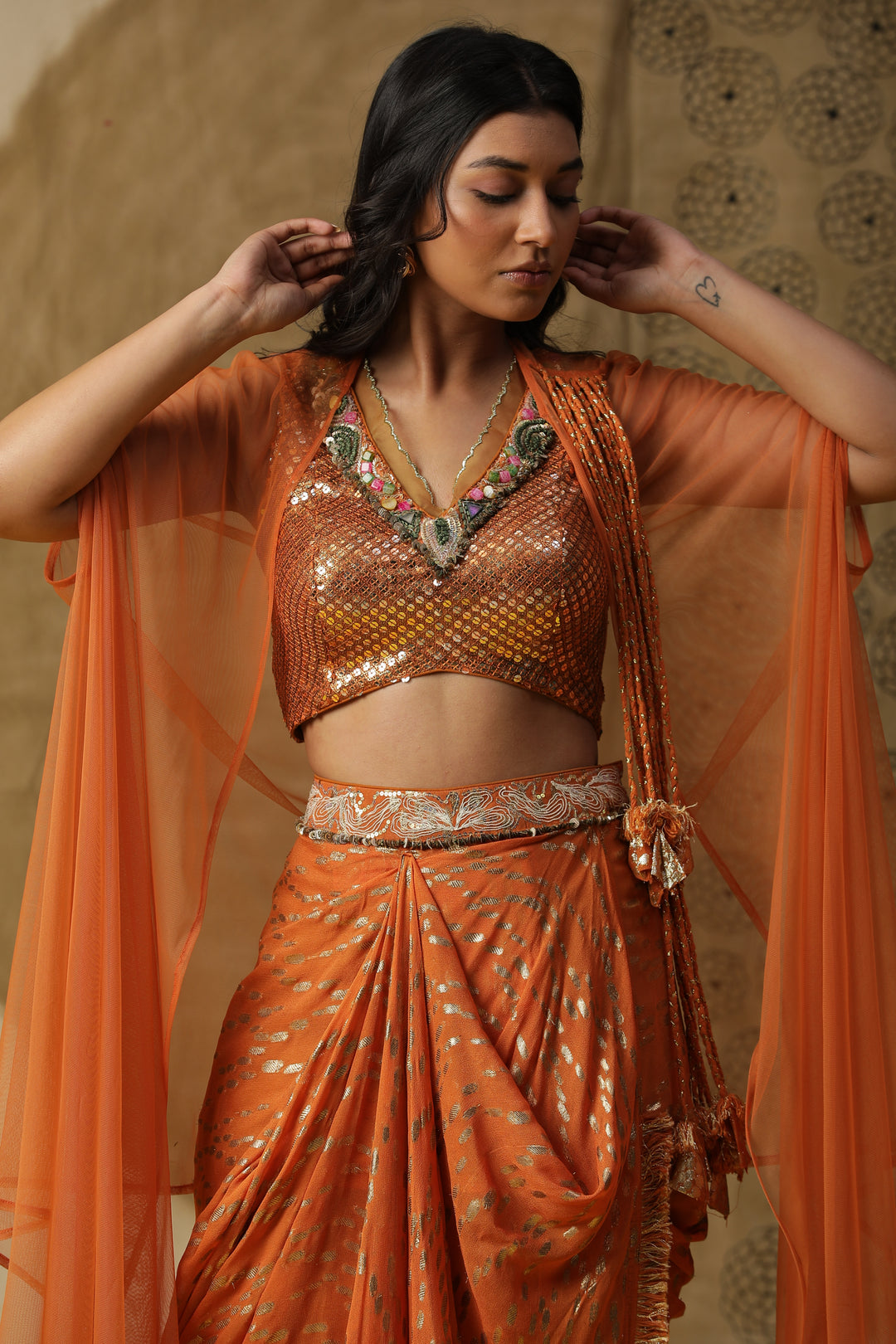 Orange Embroidered Cape with Draped Skirt