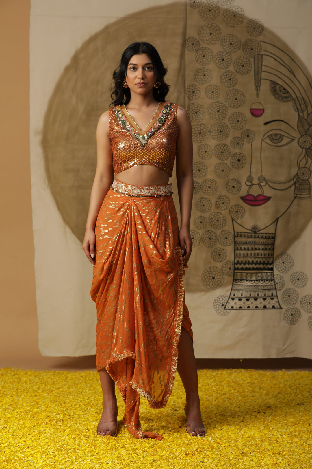 Orange Embroidered Cape with Draped Skirt