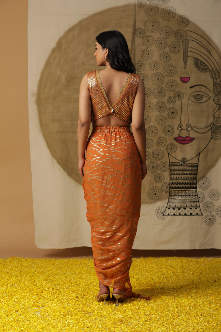 Orange Embroidered Cape with Draped Skirt