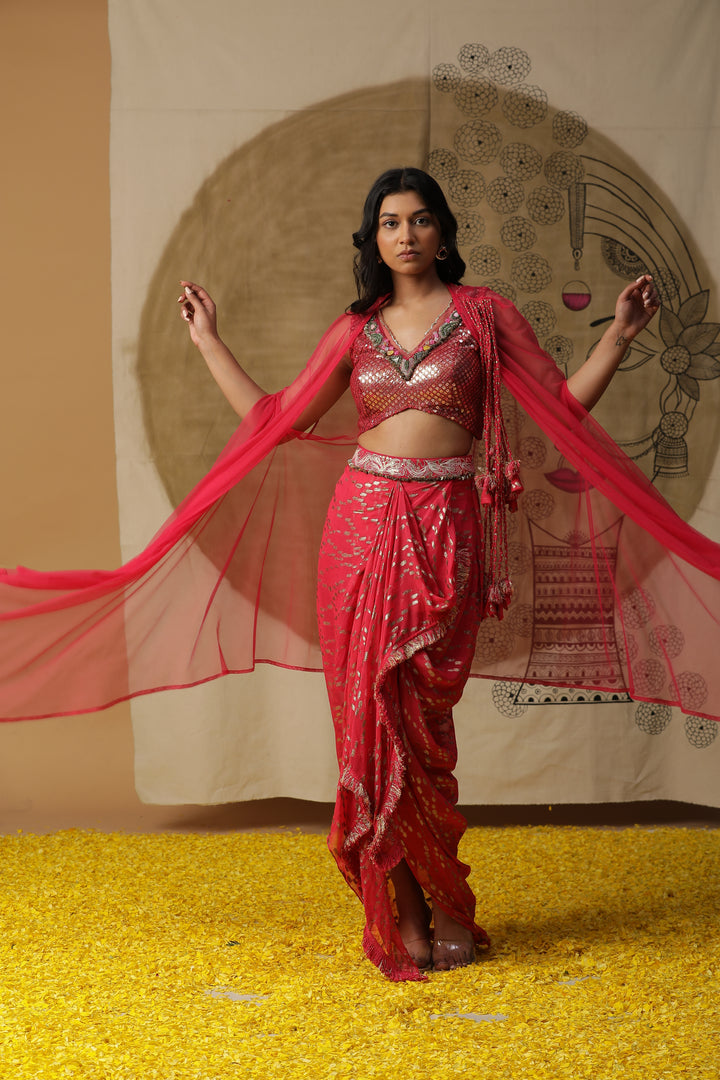 Red Embellished Cape Blouse with Draped Skirt